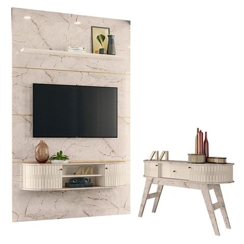 Estante Home Theater com Bancada Suspensa Monte Carlo com Aparador Estoril Calacata Off White – Made