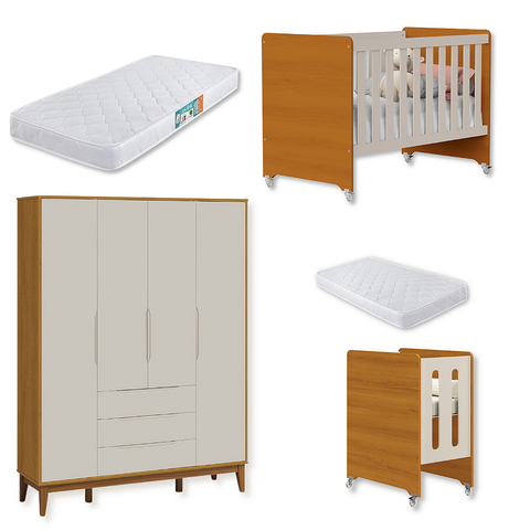 Quarto de Bebê Berço Evolution + Guarda Roupa Infantil 4P e 3g Areia Savana Classic 02 Colchões