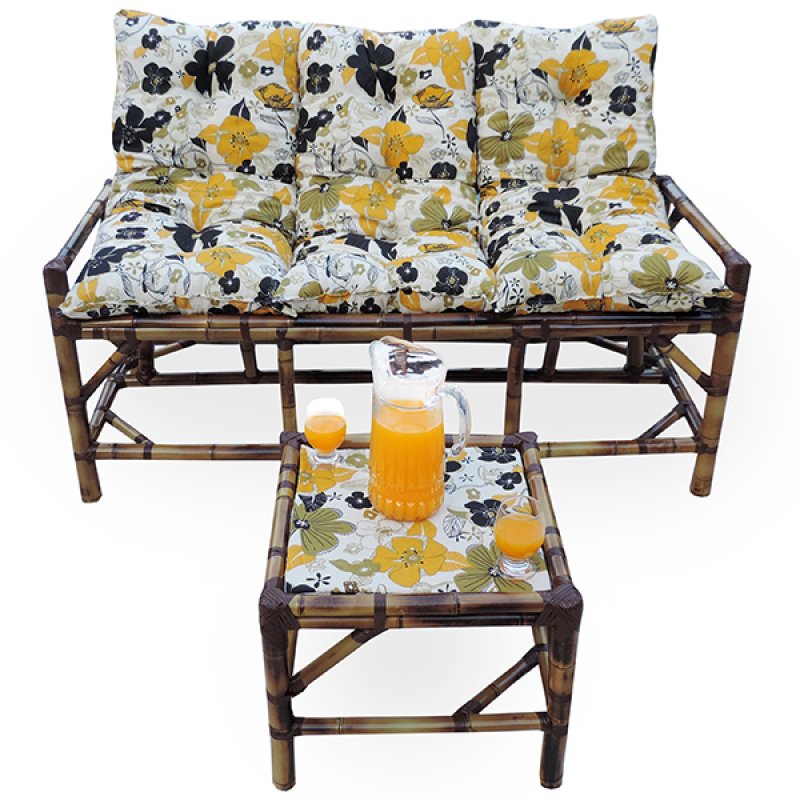 Kit Sofá de Bambu 3 Lugares com Almofadas Flores Preta MadeiraMadeira