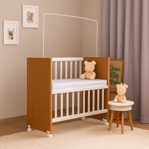 Mini Berço Colchão Grade Fixa Suporte de Mosquiteiro Marrom