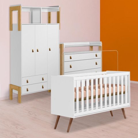 Conjunto Berço Mini Cama Retrô, Cômoda C/nicho e Guarda Roupa C/nicho Branco