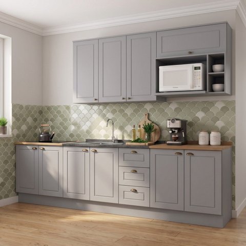 Cozinha Completa Modulada 6 Peças 100% MDF com 3 Balcões e Nicho para Microondas Cinza/Nature Emily