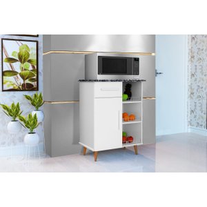 Balcão / Fruteira Cris Modelo Retrô com Pés Palito com Gaveta e Porta Cor Branco / Marmorizado Romar