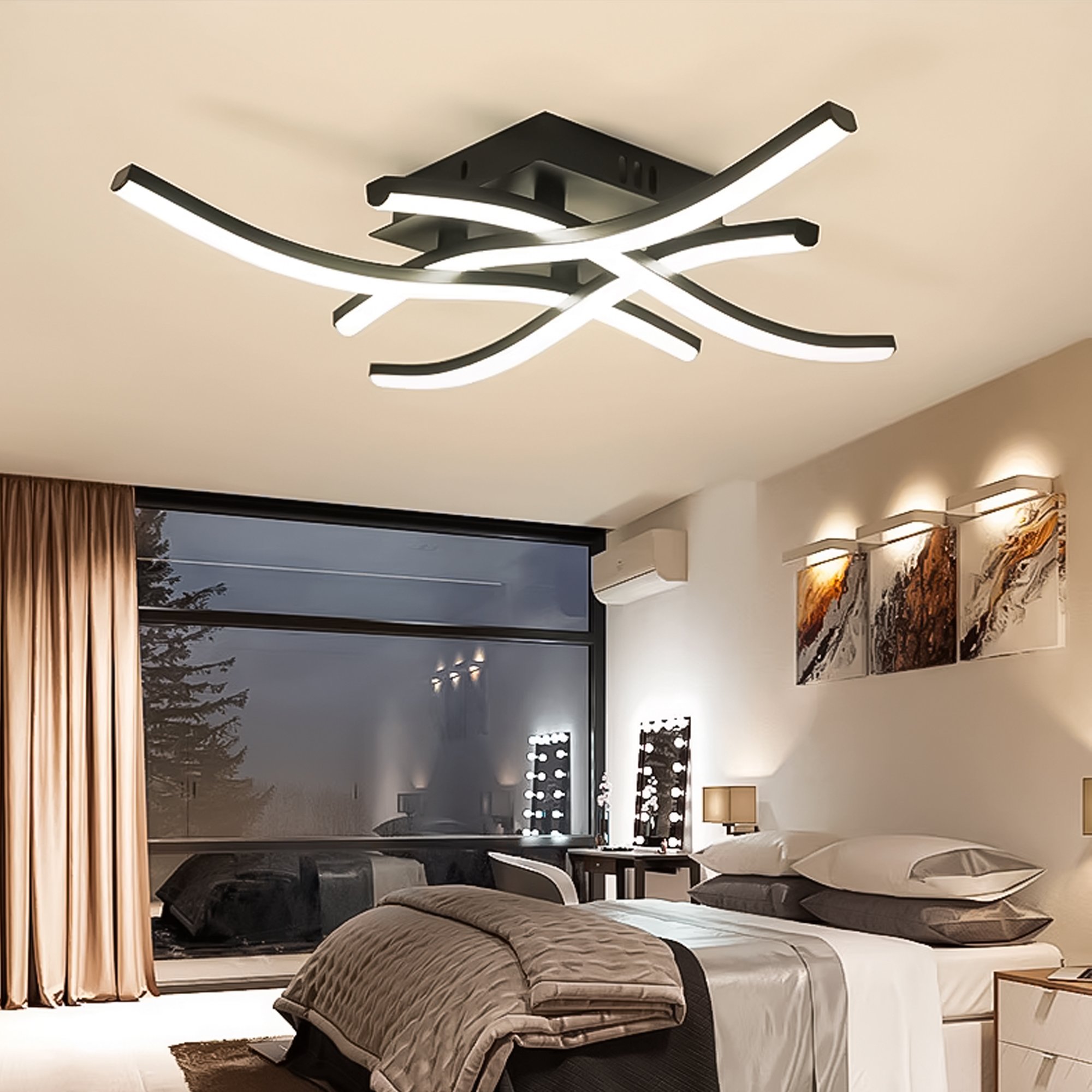 Plafon Design Curvo, 28w, com 4 Hastes, Luz Amarela 3000k, Preto, Lexlight