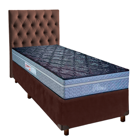 Cama + Box Marrom e Colchão Molas Ensacadas Solteiro - Petrus Paropas + Cabeceira