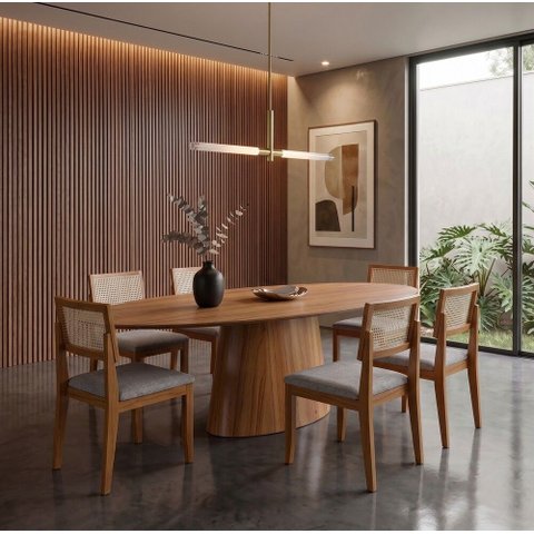 Sala de Jantar Barcelona 180cm com 6 Cadeiras Madeira Maciça Santorini Cinamomo Tela/Linho Cinza