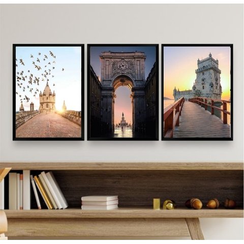 Kit 3 Quadros Decorativos Fotos de Portugal 24x18cm:madeira Branca
