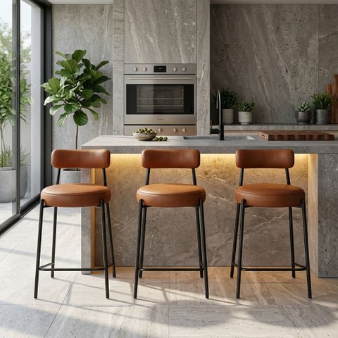 Banqueta Cozinha Alta com Encosto Industrial Preto Kit 3 Londres PU Nozes D03 - D’Rossi
