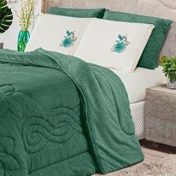 Kit Roupa de Cama Edredom Coberdrom Floral Hibisco Verde King 03 Peças - Dupla Face Manta Microfibra - 2