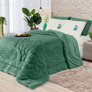 Kit Roupa de Cama Edredom Coberdrom Floral Hibisco Verde King 03 Peças - Dupla Face Manta Microfibra