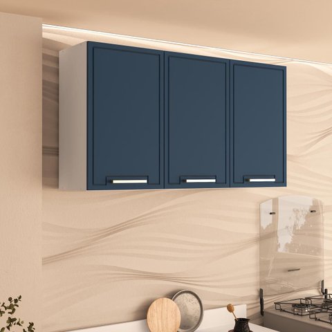 Armário de Cozinha Aéreo Amara 120x66cm com 3 Portas Branco/Azul 250023