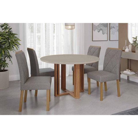 Conjunto: Mesa Sala Jantar Flora Tampo Madeirado C/ Vidro 109cm e 4 Cadeiras Fernanda Cinamomo/off