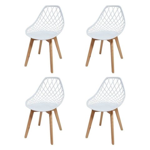 Conjunto 4 Cadeiras Kaila Brancas em Polipropileno com Base Wood para Sala de Jantar e Cozinha