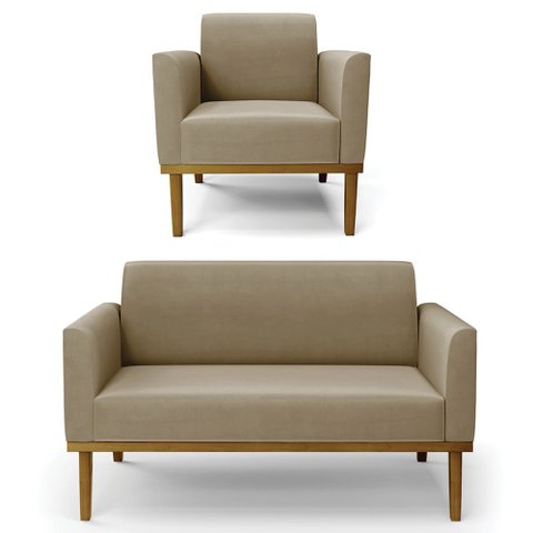 Sofá Namoradeira e 1 Poltrona Base Madeira Castanho Maressa Suede Marrom Rt - Ibiza