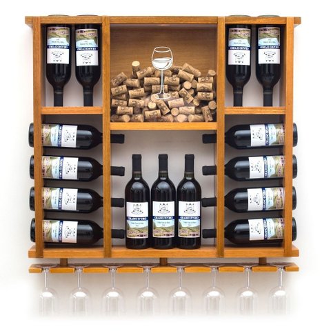 Adega de Madeira Maciça para 15 Garrafas de Vinho com Porta Rolhas e Porta Taças - Cerejeira