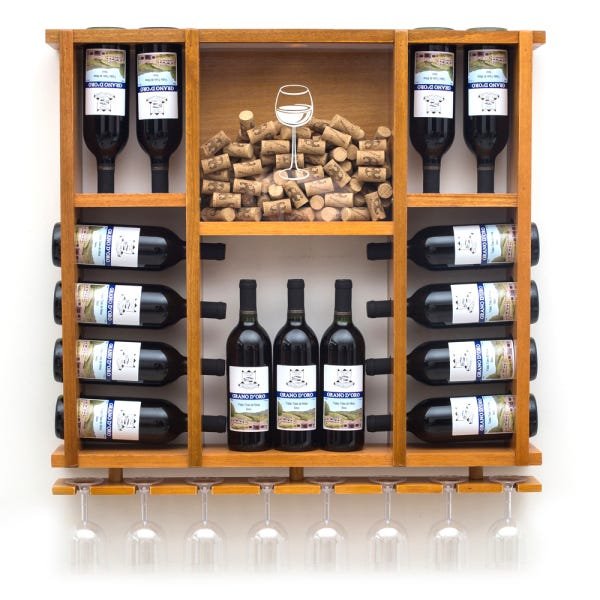 Adega de Madeira Maciça para 15 Garrafas de Vinho com Porta Rolhas e Porta Taças - Cerejeira