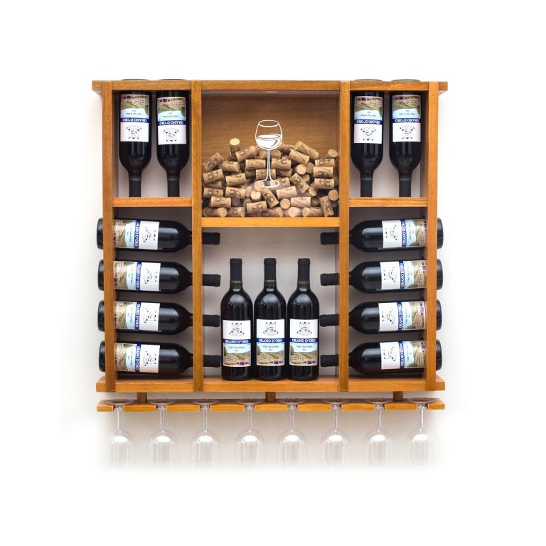 Adega de Madeira Maciça para 15 Garrafas de Vinho com Porta Rolhas e Porta Taças - Cerejeira