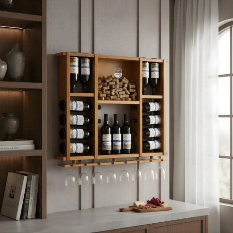 Adega de Madeira Maciça para 15 Garrafas de Vinho com Porta Rolhas e Porta Taças - Cerejeira