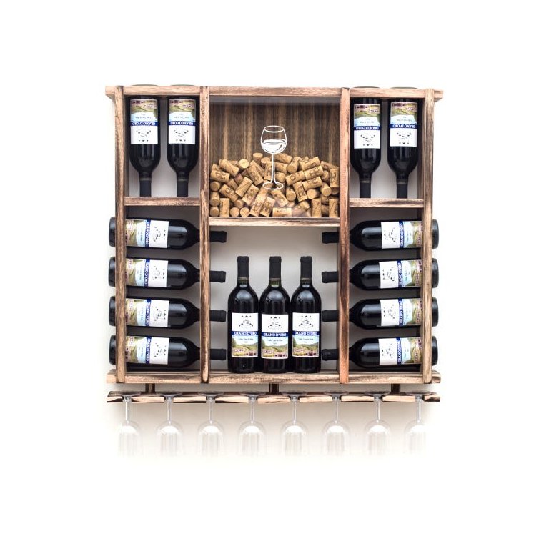 Adega de Madeira Maciça para 15 Garrafas de Vinho com Porta Rolhas e Porta Taças - Rústica