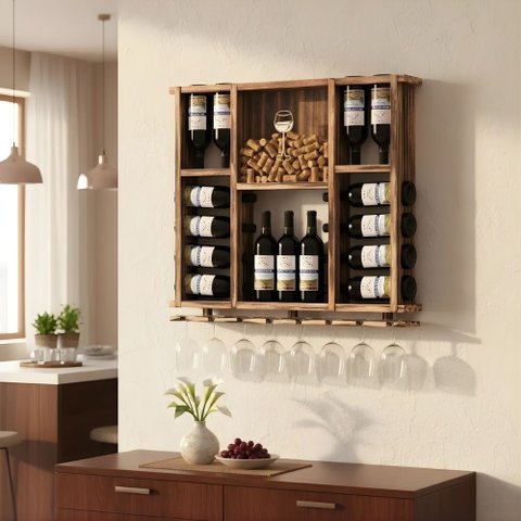 Adega de Madeira Maciça para 15 Garrafas de Vinho com Porta Rolhas e Porta Taças - Rústica