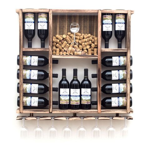 Adega de Madeira Maciça para 15 Garrafas de Vinho com Porta Rolhas e Porta Taças - Rústica