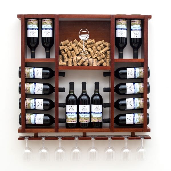 Adega de Madeira Maciça para 15 Garrafas de Vinho com Porta Rolhas e Porta Taças - Mogno