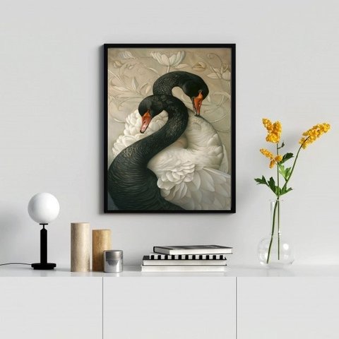 Quadro Decorativo Cisnes Branco e Negro 24x18cm:moldura Preta