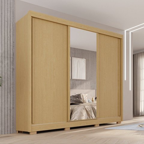 Guarda-Roupa Casal com Pés e Espelho 3 Portas 4 Gavetas 100% MDF Ipanema Bege/Jequitibá