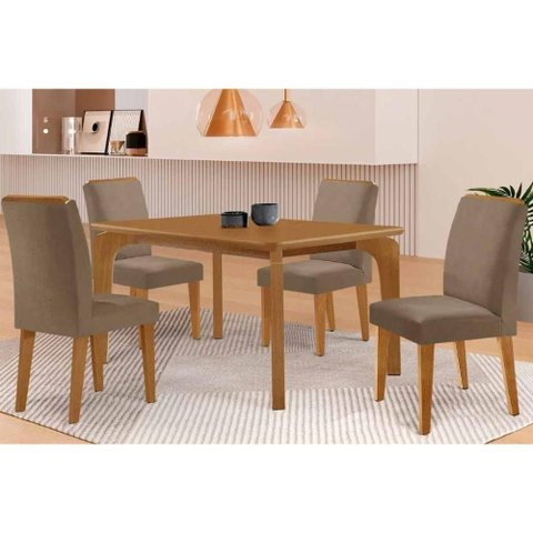 Conjunto: Mesa Sala Jantar Londrina C/ Tampo Madeirado C/ Vidro Canto Curvo 120x80cm 4 Cadeiras