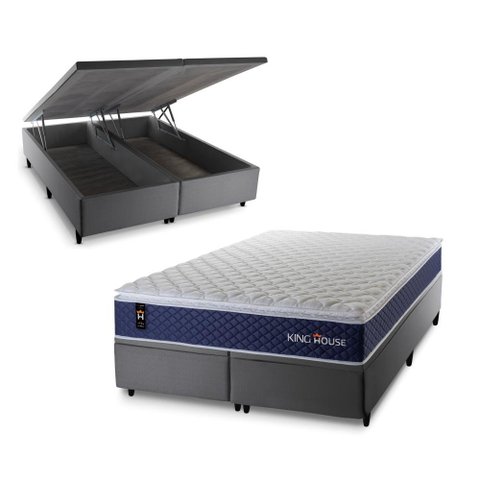 Conjunto Box Baú Super King Lagras Cinza 193x203x73 c/ Molas Ensacadas