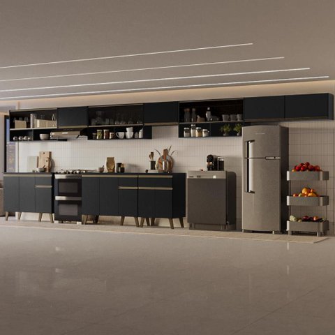 Armário de Cozinha Completa Atlanta Pulse com Vidro Carraro Preto Touch