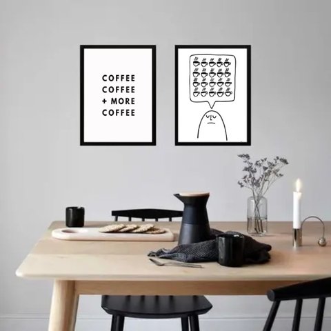 Kit 2 Quadros Minimalistas Café - More Coffee 33x24cm - com Vidro:moldura Preta