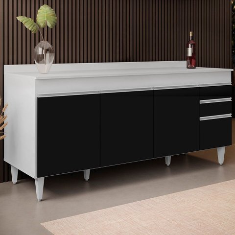 Balcão Gabinete 180cm com Tampo Dallas Branco/Preto - Lumil Lumil Móveis