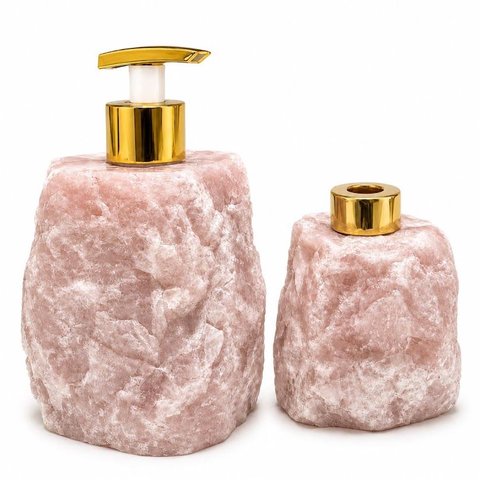 Kit Dispenser Sabonete e Difusor Pedra Natural Quartzo Rosa