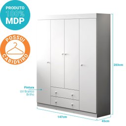 Guarda Roupa Infantil 4 Portas 2 Gavetas Branco_Phoenix Baby - 5