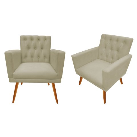 Kit 2 Poltronas Decorativa Nina Capitonê Couro Bege Pés Madeira Ms Decor