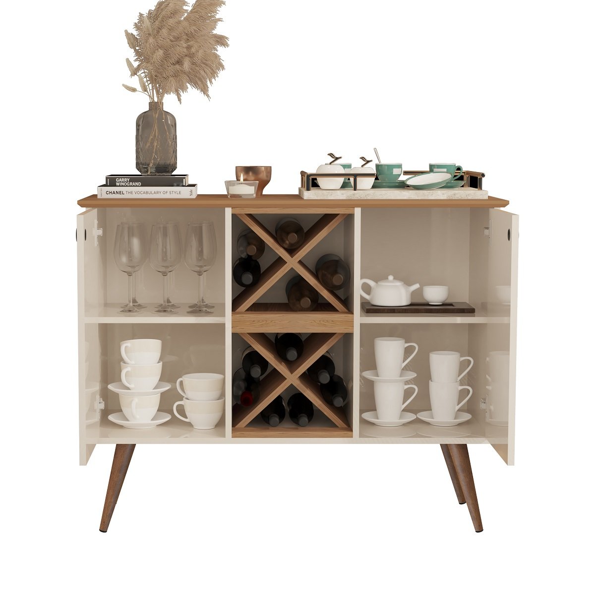 Aparador Buffet com Adega Bar Cantinho do Café 2 Portas Elegance - Off White / Nature - 8