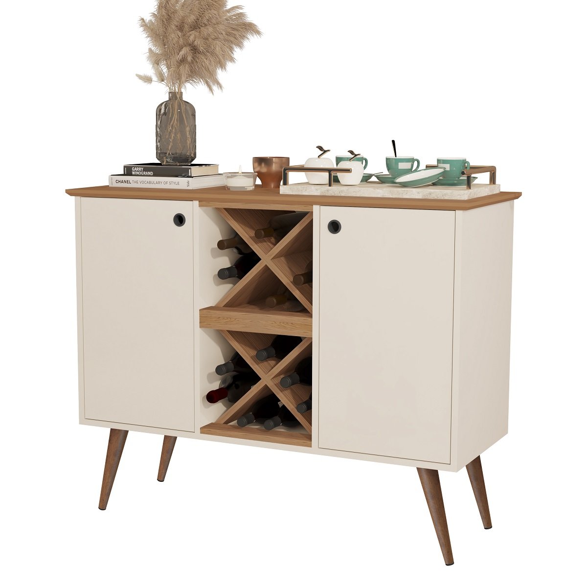 Aparador Buffet com Adega Bar Cantinho do Café 2 Portas Elegance - Off White / Nature - 6