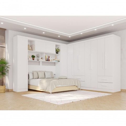 Guarda Roupa Casal Modulado de Canto 11 Portas de Bater 4 Gavetas MDP Branco Multimóveis 287cm