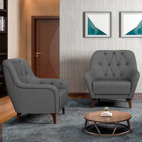 Kit 2 Poltronas Decorativas para Sala com Capitonê Pietà M22 Linho Cinza Escuro - Mpozenato