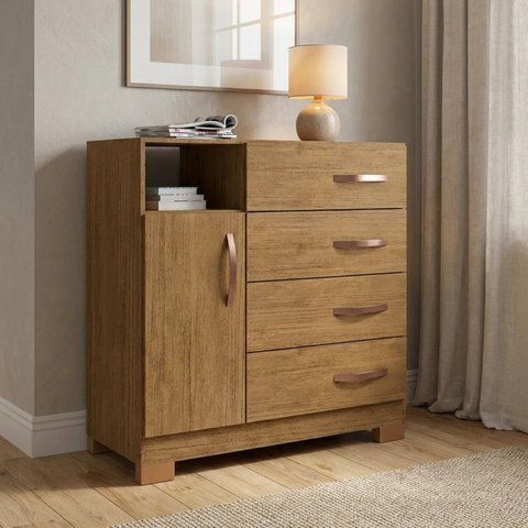 Cômoda para Quarto com 1 Porta, 4 Gavetas e Pés Free Marrom/Cinamomo