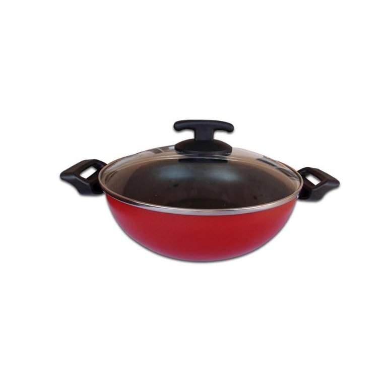 Panela Wok Com Tampa De Vidro Super Antiaderente Vermelha