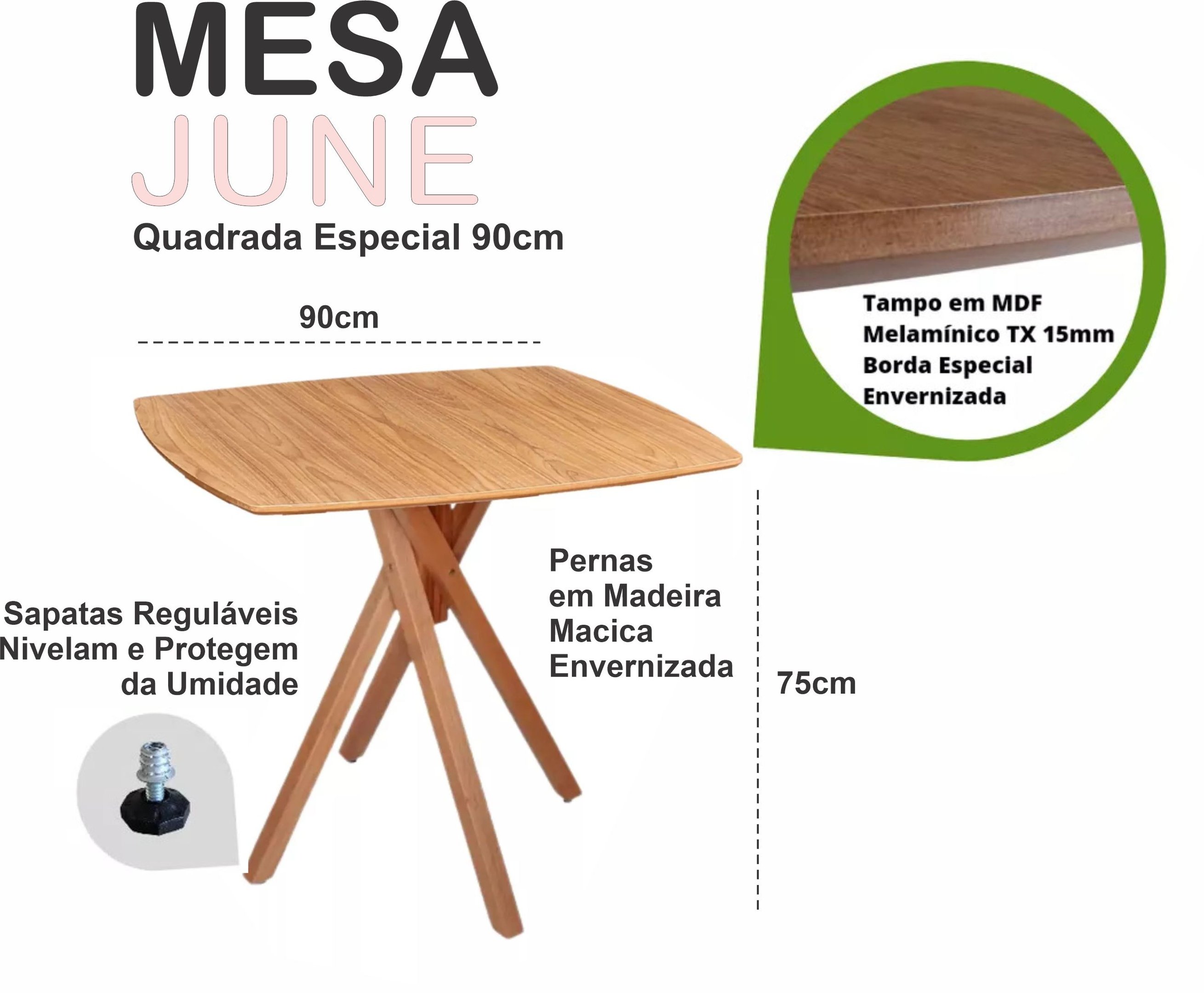 Mesa Quadrada Especial em Madeira de 90cm June na Cor Freijó - 2