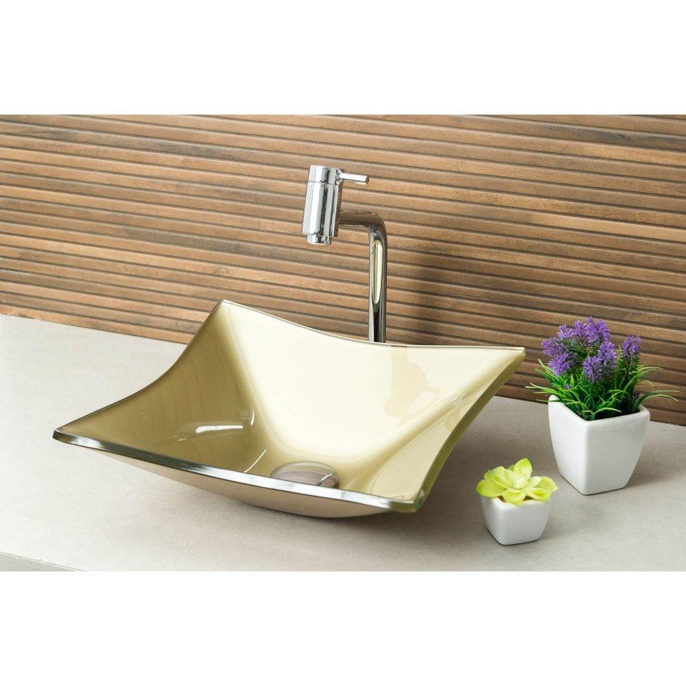 Cuba De Vidro Rt 34 cm Torneira Link + Válvula Dourada - 1