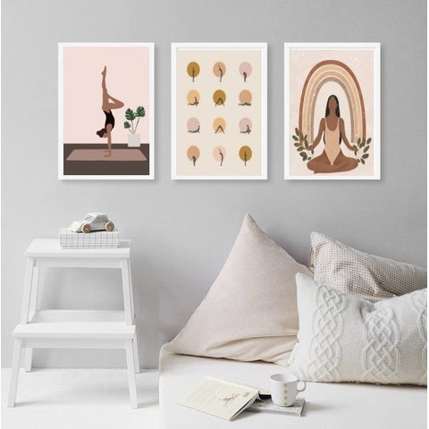 Kit 3 Quadros Decorativos Yoga- Posições 45x34cm - com Vidro:madeira Preta