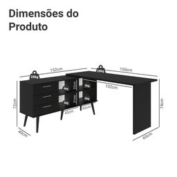 Escrivaninha em L Mesa para Computador Gamer 3 Gavetas Preto Lisboa Madesa - 4