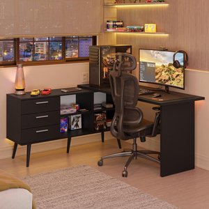 Escrivaninha em L Mesa para Computador Gamer 3 Gavetas Preto Lisboa Madesa