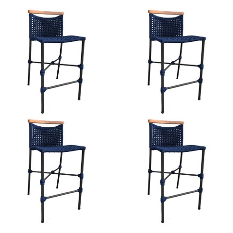 Kit 4 Banquetas Anne em Corda Náutica Base em Alumínio Preta com Detalhe em Madeira Azul Marinho
