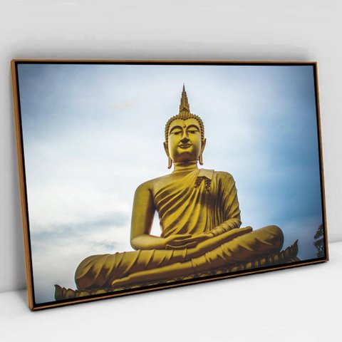 Quadro Decorativo em Canvas Buda Meditativo TaColado Moldura Flutuante 4,5cm Freijó 90 x 60cm