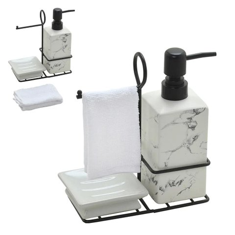 Kit 3 Peças Para Banheiro de Cerâmica Branco e Preto com Toalha PARIS LUZ